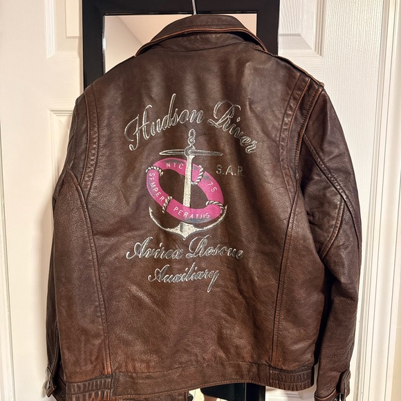 Men's Brown Leather Military Jacket with Patches - Picture 2 of 5